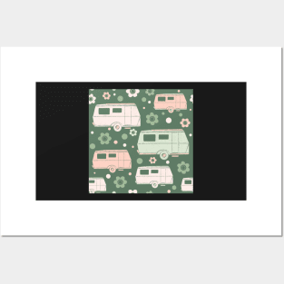 Green And Pink Vintage Caravans and Flowers Pattern Posters and Art